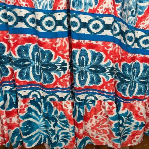 Figueroa & Flower Puff Sleeve Bohemian Maxi Ruffle Hem Coral Turquoise Dress L - Picture 9 of 11